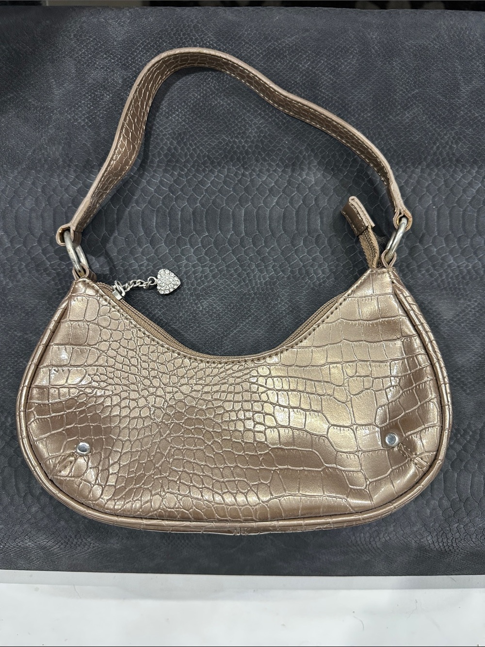 Croc-Embossed Metallic Bronze Shoulder Bag
